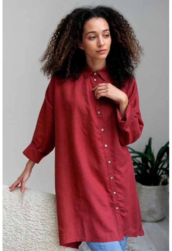 Linen Long Shirt - Asymmetrical Cut, Lond Sleeves 