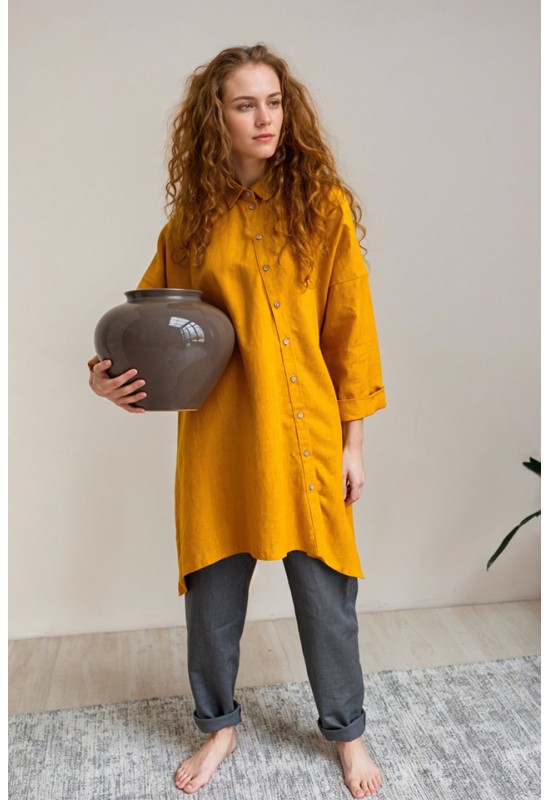 Linen Long Shirt - Asymmetrical Cut, Lond Sleeves 