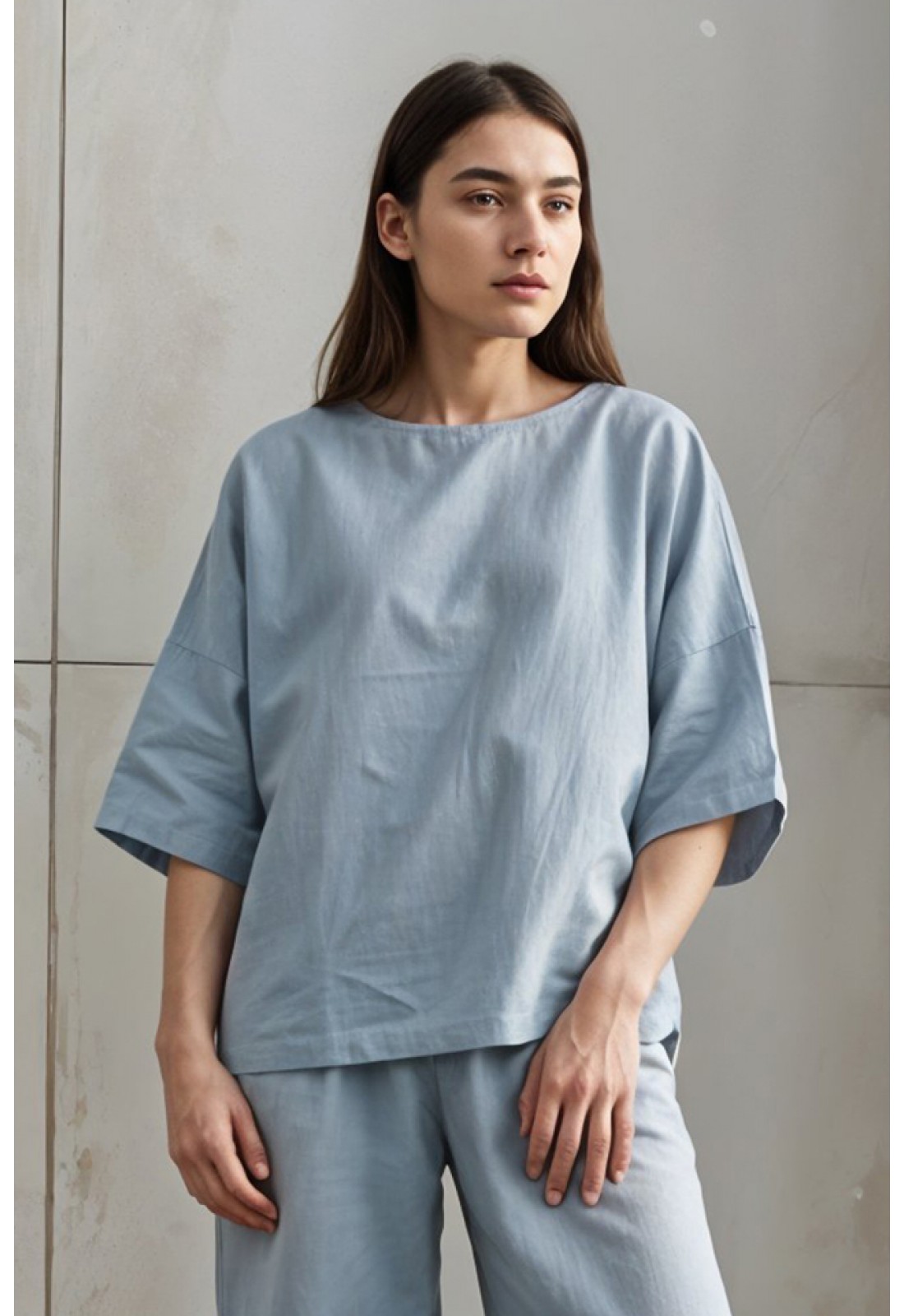 Linen Boat Neck Oversized Top - Half Sleeves - Loose T-shirt for Women