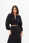 Linen Blouse with Puffy Sleeves V-Neck Crop Top