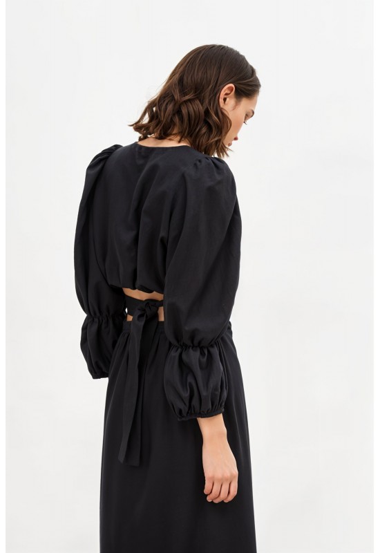 Linen Blouse with Puffy Sleeves V-Neck Crop Top