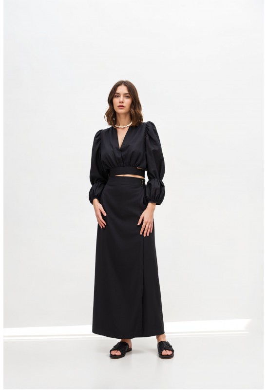 Linen Blouse with Puffy Sleeves V-Neck Crop Top