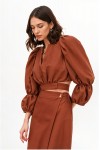 Linen Blouse with Puffy Sleeves V-Neck Crop Top