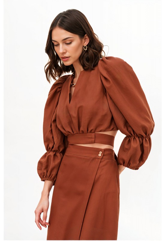 Linen Blouse with Puffy Sleeves V-Neck Crop Top