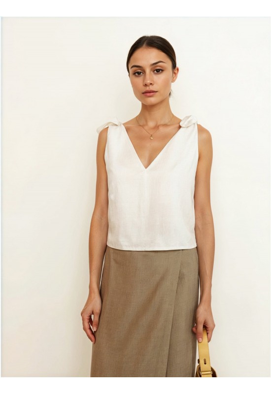 Sleeveless linen top with wide tie straps 