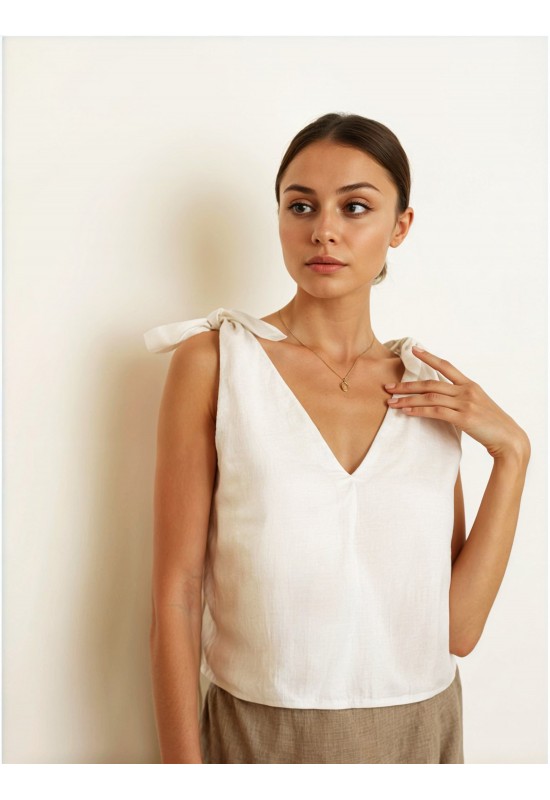 Sleeveless linen top with wide tie straps 