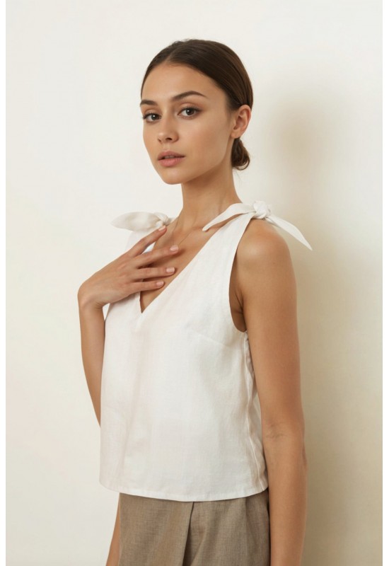 Sleeveless linen top with wide tie straps 
