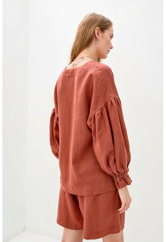 Linen blouse with Puffy long sleeves 