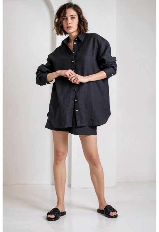 Oversized linen shirt women Collar Long sleeve