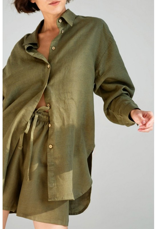 Oversized linen shirt women Collar Long sleeve
