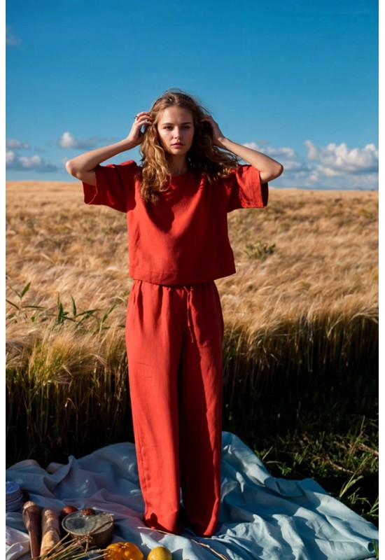 Linen top for women Loose crop blouse with sleeves