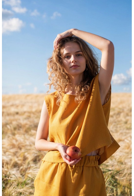 Linen crop top for women Boat neck Loose blouse