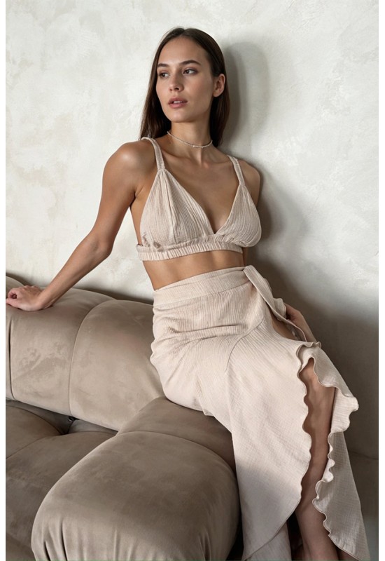 High-Waist Muslin Cotton Skirt with Ruffles