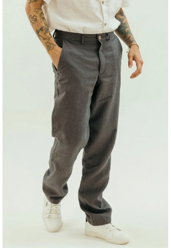 Men's Loose Fit Linen Pants with Button Closure