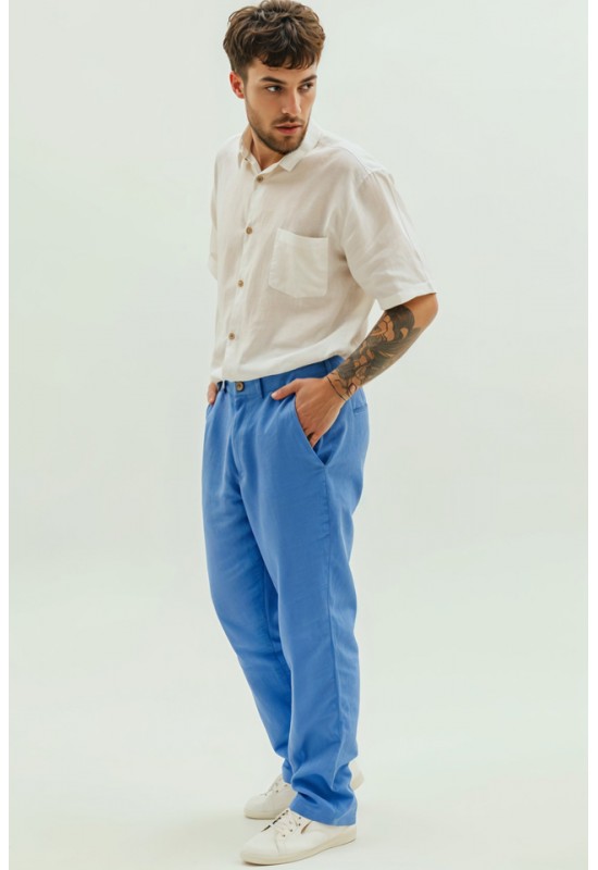 Men's Loose Fit Linen Pants with Button Closure