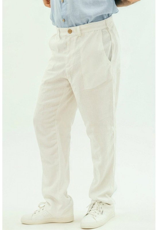 Men's Loose Fit Linen Pants with Button Closure