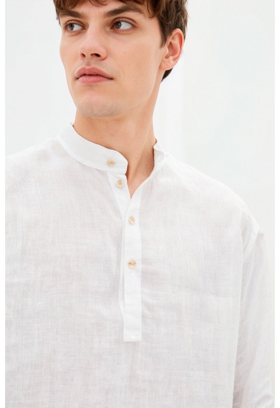 Half button linen shirt for men Band collar shirt