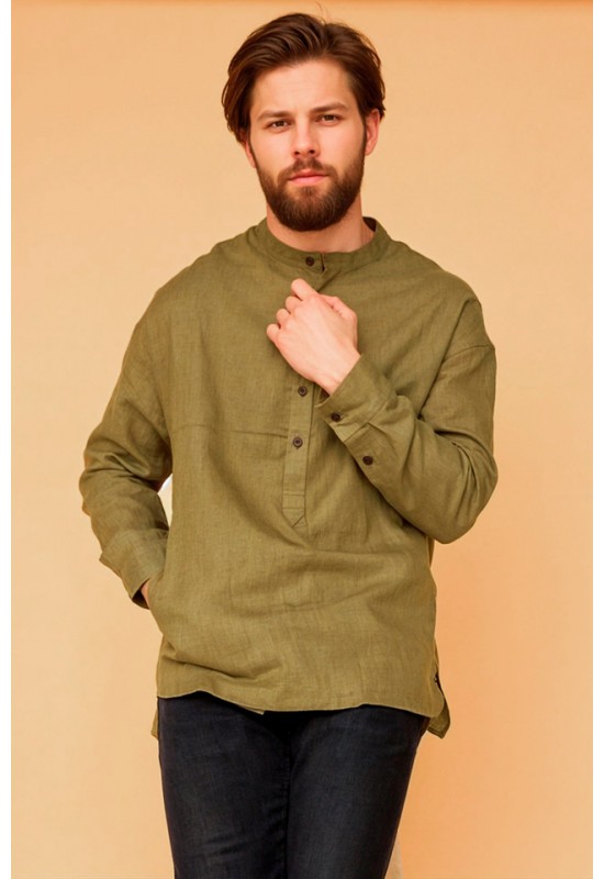 Half button linen shirt for men Band collar shirt